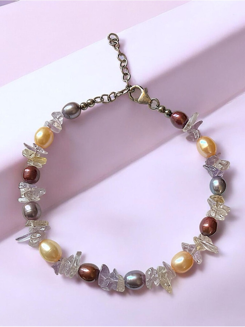 Vintage Sterling Silver Multi Colored Freshwater Pearl Gemstone Beaded Bracelet